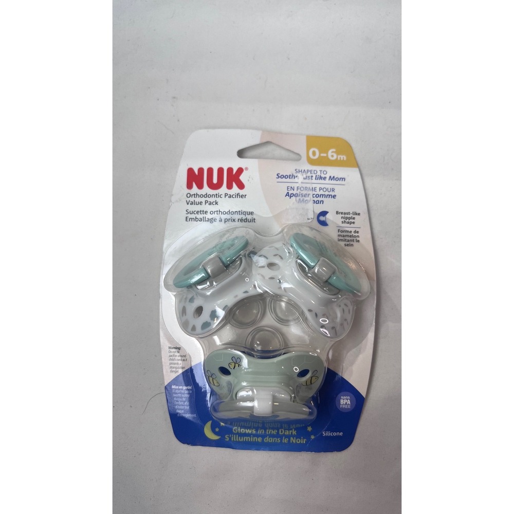 NUK Orthodontic Pacifier Value Pack 0-6m Glow in the Dark Silicone 3 Count NEW